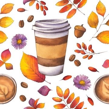 Seamless watercolor autumn pattern with fall leaves and coffee to go mugs on white background. Hand-drawn botanical illustration with berries and flowers or textile, wallpapers, fabric and wrapping