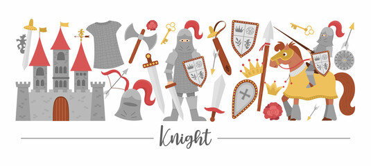 Vector horizontal border set with cute fairy tale knight armor. Fairytale card template design with fantasy armored warrior and castle. Medieval soldier border with sword, shield, horse, crown.