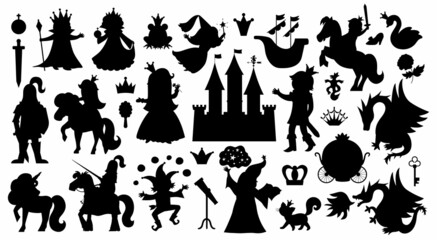 Fairy tale characters and objects silhouettes collection. Big black and white vector set of fantasy princess, king, queen, knight, unicorn, dragon. Medieval fairytale castle shadows pack.