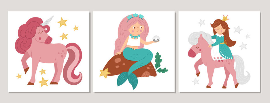 Cute set of square fairytale cards with princess on a pink horse, mermaid, unicorn. Vector fairy tale print templates with cute girlish characters. Fantasy design for tags, postcards, invitations