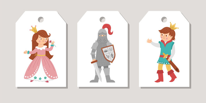 Cute set of fairytale price tag templates or cards with princess, prince, knight. Vector fairy tale vertical print templates. Fantasy storybook design for tags, postcards, ads.
