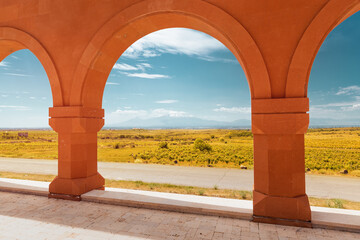 Scenic view through a beautiful arch to the vineyards and the symbol of Armenia - Mountain Ararat