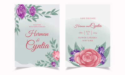Elegant watercolor wedding invitation card template design. 