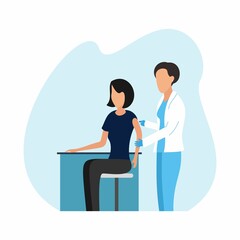 Vector illustration of a woman getting vaccinated by a doctor. The doctor injects the vaccine into the woman's arm. Fight against COVID-19. Flat design style.