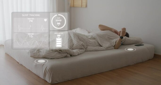 Asia woman wear digital VR trace heartbeat cycle, graph ECG data, pulse rate, brain wave chart or body blood control from IOT bed smart detect STEM life at home. Deep nap scan relax rest in AR app.