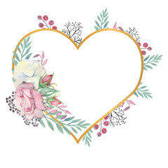 White and pink roses flowers, green leaves, berries in a gold heart-shaped frame. Watercolor illustration