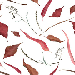 Lovely autumn red leaves pattern in vintage style. Seamless repeat pattern with  fallen leaves on white background. Great for backgrounds, gift wrapping paper, textile etc.