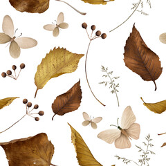 Seamless background with hand-drawn autumn fallen leaves and cute butterflies. Floral vintage seamless pattern with yellow forest leaves. Texture for fabric, paper