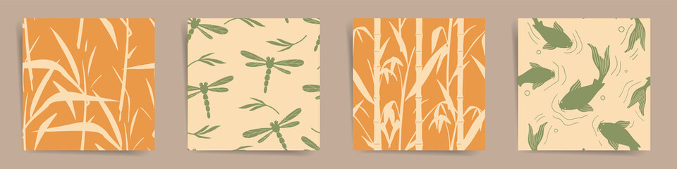 Japanese nature seamless pattern set. Floral, natural and botanical theme pattern in traditional japanese style. Collection of beige and orange seamless backgrounds with floral silhouettes. Vector set