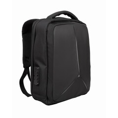 Modern black laptop backpack with combination lock isolated on white background. - obrazy, fototapety, plakaty