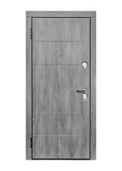 Solid gray wooden front door with metal handle isolated on white background