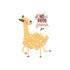 Vector funny cartoon llama in trendy style. Scandinavian style. Yellow cute Llama and hand drawn elements. No probLlama lettering. Childish texture, nursery print, motivation card