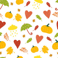 autumn hand drawn cartoon seamless pattern with autumn leaves, cloud, forest, heart, pumpkin, umbrella. garden, harvest. stock vector pattern illustration isolated on white background.