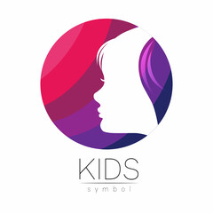 Child Girl Vector logotype in violet Color. Silhouette profile human head. Concept logo for people, children, autism, kids, therapy, clinic, education. Template symbol design