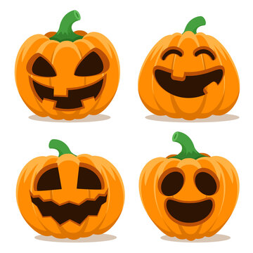 Set of pumpkins with different faces on a white. Halloween