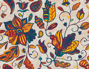 Paisley watercolor floral pattern tile: flowers, flores, tulips, leaves. Oriental indian traditional hand painted water color whimsical seamless print, ceramic design. Abstract india batik background