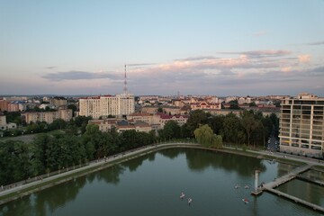Fototapeta na wymiar Aerial view of the city at sunset. Big city in Ukraine. Panoramic view.