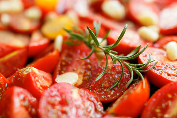 Lots of fresh chopped ripe red tomatoes close up