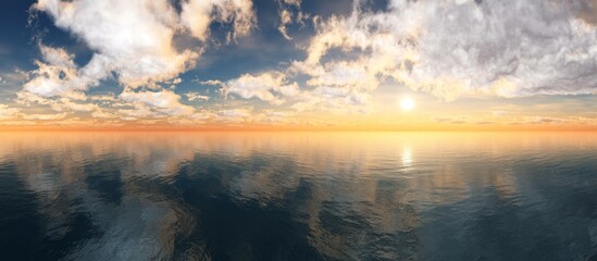 Beautiful sea sunset, ocean sunrise among the clouds, light above the water surface, 3D rendering - obrazy, fototapety, plakaty