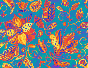 Paisley watercolor floral pattern tile: flowers, flores, tulips, leaves. Oriental indian traditional hand painted water color whimsical seamless print, ceramic design. Abstract india batik background
