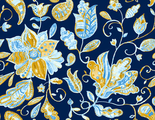 Paisley watercolor floral pattern tile: flowers, flores, tulips, leaves. Oriental indian traditional hand painted water color whimsical seamless print, ceramic design. Abstract india batik background