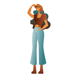 A girl in a cowboy hat and stylish jeans with a belt poses on a white background. A woman with lush dark hair smiles.