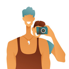 A couple of newlyweds in love takes pictures of themselves on a white background, a cute home photo shoot. A girl with a camera behind a guy's back, the concept of love.