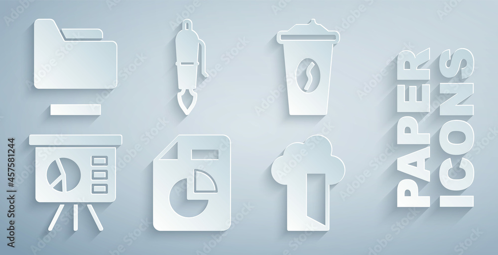 Poster set document with graph chart, coffee cup to go, board, cloud database, fountain pen nib and folder 