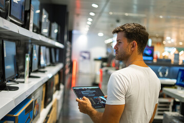 Man using tablet during shopping in electronics store