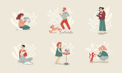 Set of happy pet owners. 