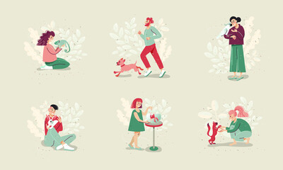 Obraz na płótnie Canvas Set of happy pet owners. A girl with a chameleon, a man jogging with a dog, a woman holding a cockatoo parrot, a young man hugging a rabbit, a girl feeding a fish in an aquarium, a girl playing with a