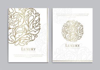 White invitation card design with golden ornament pattern. Luxury vintage vector template. Can be used for background and wallpaper. Elegant and classic vector elements great for decoration.