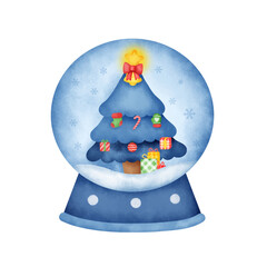 Watercolor christmas snowball globe with a cute Christmas tree.