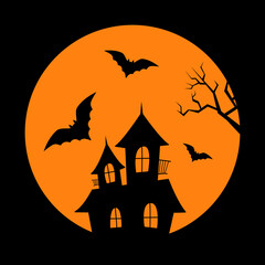 Black silhouettes of a scary house, bats and tree branches against a background of a full moon. Vector flat illustration for halloween.