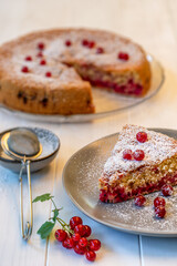Fresh homemade red currant pie with  powdered sugar on a white table. Top view. select focus.