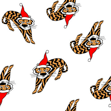 Seamless pattern with Christmas symbol 2022 tiger in red cap drawn by hand isolated on white. Animal of Chinese New Year. Sticker, printing, clip art, package, postcard, poster.