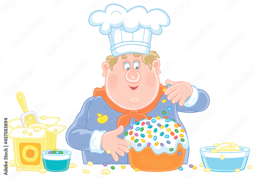 Wall mural Funny fat cook confectioner standing at his kitchen work table and decorating a fancy cake for a festive dinner, vector cartoon illustration isolated on white