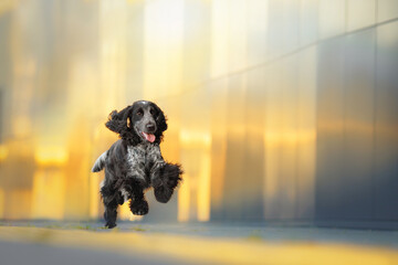 english cocker spaniel dog near the city center buildings in sunset lights