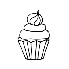 Vector illustration, hand-drawn cupcake in the doodle style. Black and white image. Delicious cupcake for postcards, greetings, the Internet, messages  