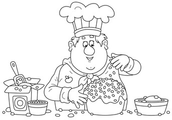 Funny fat cook confectioner standing at his kitchen work table and decorating a fancy cake for a festive dinner, black and white outline vector cartoon illustration