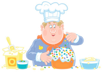 Funny fat cook confectioner standing at his kitchen work table and decorating a fancy cake for a festive dinner, vector cartoon illustration isolated on white