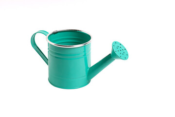 Green watering can on white background, isolate.