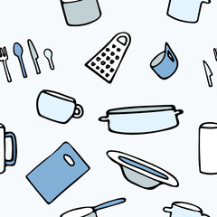 Pattern with kitchen utensils on a blue background. Cutting board, plate, food cutlery, mug, fork, knife, spoon, grater, saucepan, frying pan, ladle. Design for printing on textiles, for cafes and