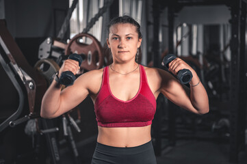 Fototapeta na wymiar Young woman with dumbbells in the gym. Portrait of young attractive woman in sport clothes holding weight dumbbell doing fitness workout