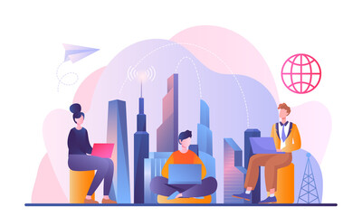 Global freelancing with work. Online team helps other people. Company provides services over Internet. Employees work together outside office. Cartoon vector illustration isolated on white background