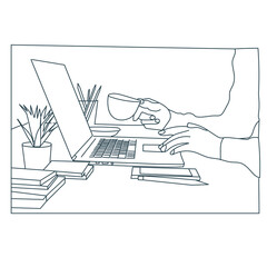  Person drinking coffee and using computer laptop line art stock illustration. Office life concepts