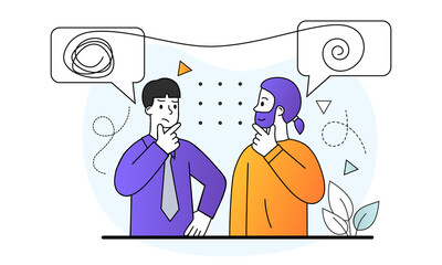 Inner world as thoughts. Men think about their own, thoughtful pose. Employees develop plan, colleagues take break. Work and office. Cartoon flat vecttor illustration isolated on white background