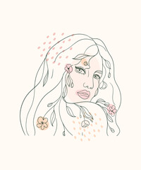 Continuous line portrait of a girl. Vector drawing continuous line style, beautiful dreaming woman with abstract texture.