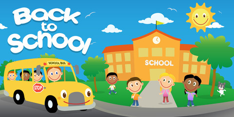 Happy children going back to school. Vector cartoon illustration
