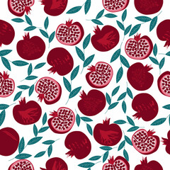 Vector seamless pattern with pomegranate fruits and seeds on white background. Design for cosmetics, spa, pomegranate juice, health care products, perfume. Best for textile or wrapping paper
